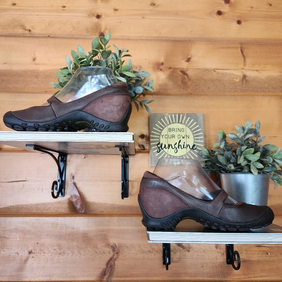 Merrell 💜 Plaza Flaunt Chestnut Saddle Brown Mary Jane Wedge Leather Shoes Sz 6 - Picture 3 of 11